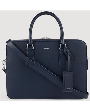 Sandro Large Grained Leather Briefcase - Blue