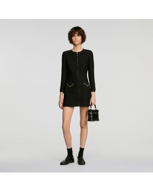 Sandro Tweed Dress With Metal Chain - Black