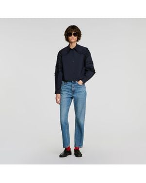 Sandro Gathered Rhinestone Cotton Shirt - Blue