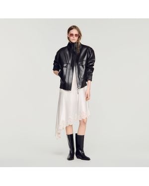 Sandro Standing Collar Leather Jacket - Black