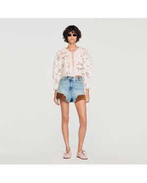 Sandro Floral Openwork Crop Top - Blue