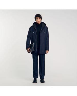 Sandro Navy Technical Quilted Hooded Zip Parka - Blue