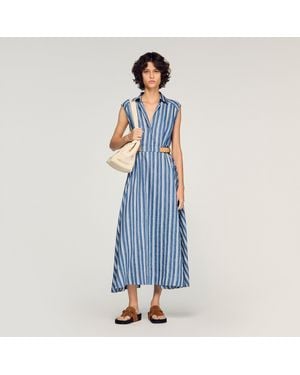 Sandro Striped Maxi Dress With Leather Tab - Blue