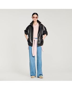 Sandro Distressed Leather Jacket - Blue