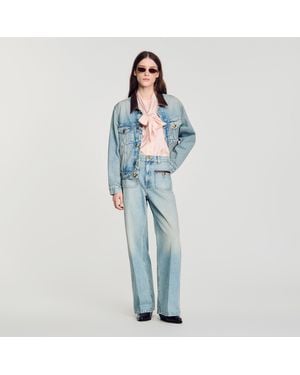 Sandro Straight-Leg Leather Detail Jeans - Blue