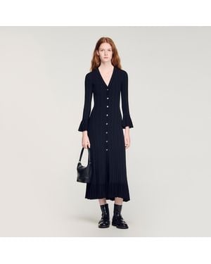 Sandro Knit Maxi Dress With Ruffle - Blue