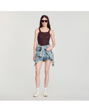 Sandro Pointelle Knit Vest Top With Bow - Blue