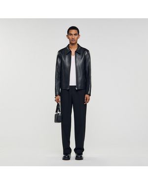 Sandro Zip-Up Leather Jacket - Blue