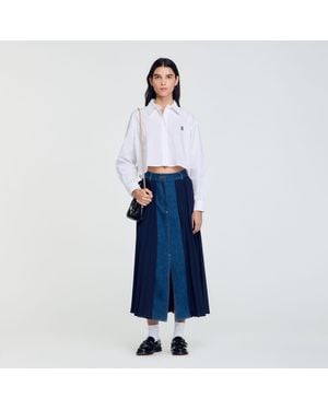 Sandro Denim-Panel High-Rise Woven Midi Skirt - Blue