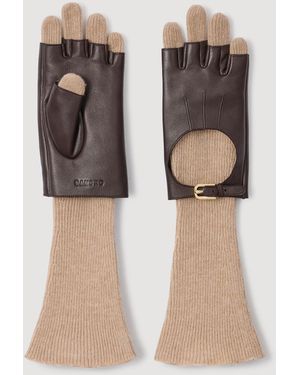 Sandro Long Knit And Leather Gloves - Natural