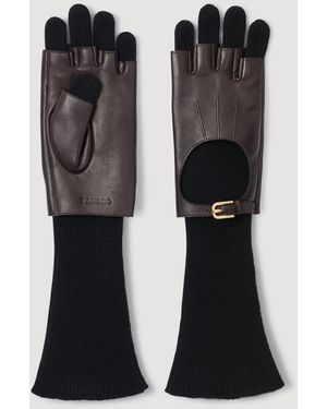 Sandro Long Knit And Leather Gloves - Black