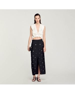 Sandro Passy Bow-Embellished Stretch-Satin Crop Top - White