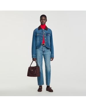 Sandro Denim Jacket With Leather Collar - Blue