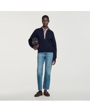 Sandro Zip Polo Jumper With Suede Collar - Blue