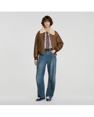 Sandro Blouson zippé peau lainée - Bleu