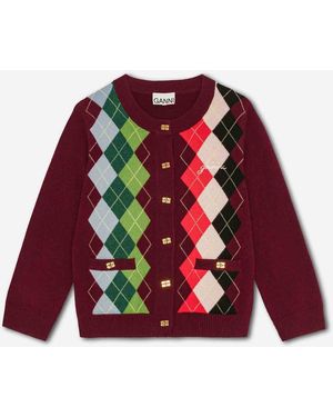 Ganni Burgunderrote Strickjacke Mit Karomuster