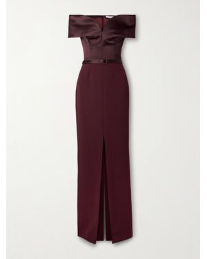 Safiyaa Ebren Off-The-Shoulder Belted Duchesse Satin-Trimmed Crepe Gown - Purple