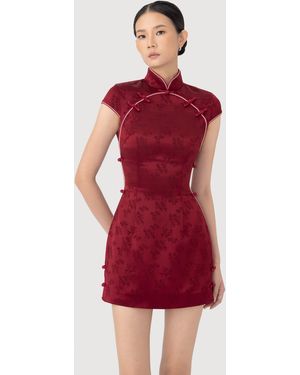 SAU LEE Ren Satin Jacquard Dress - Red
