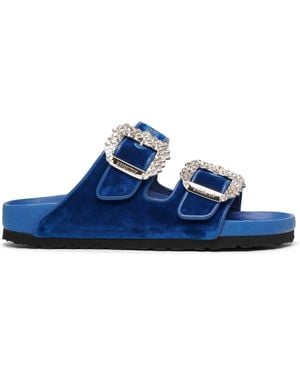 MANOLO BLAHNIK X BIRKENSTOCK Arizona Crystal Buckle Blue Velvet Slides