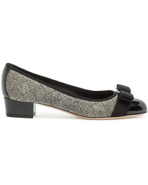 Ferragamo Vara Quilted Golden Fabric Black Patent Court Shoes - Brown