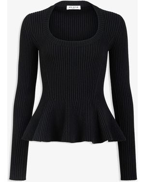 Alaïa Ribbed Peplum Wool Jumper - Black