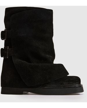 schuh Denim Suede Buckle Skirt Boots - Black