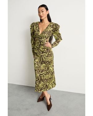 Warehouse Petite Satin Cut Out Waist Plunge Neck Midi Dress - Green