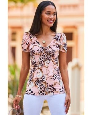 Sosandar Wow Print Ruched Detail Jersey Top - Pink