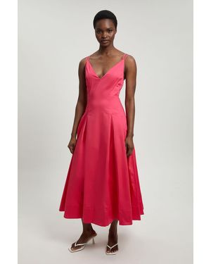 Karen Millen Petite Cotton Sateen V Neck Maxi Dress - Red