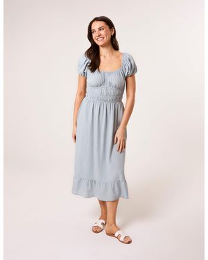 Blue Vanilla Puff Sleeve Shirred Panel Dress - Blue