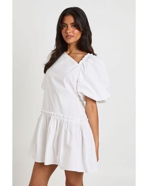 Boohoo Puff Sleeve Asymmetric Neckline Mini Dress - White