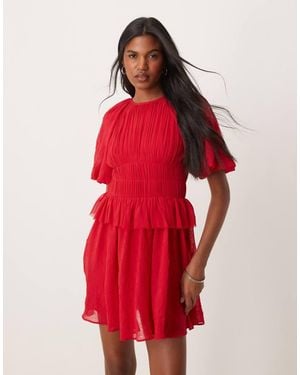 ASOS Puff Sleeve Mini Dress With Gauged Waist - Red