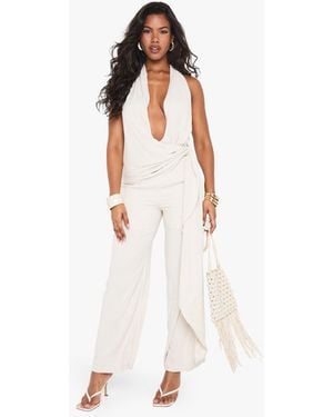 Boohoo Linen Look Drape Cowl Wrap Jumpsuit - White