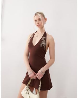 Motel Hepzhi Embroidered Detail Halter Mini Dress - Natural