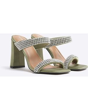 River Island Heeled Sandals Satin Diamante Strap Textile - White