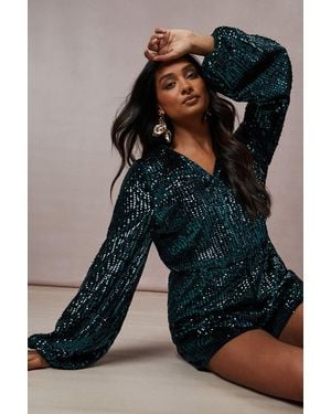 Oasis Sequin Stripe Wrap Playsuit - Blue