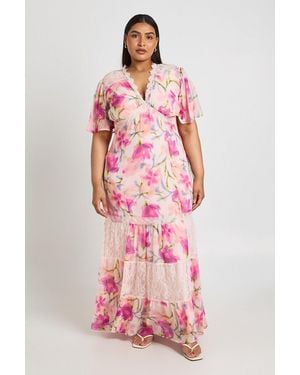 Boohoo Plus Floral Chiffon Lace Trim Maxi Dress - Pink