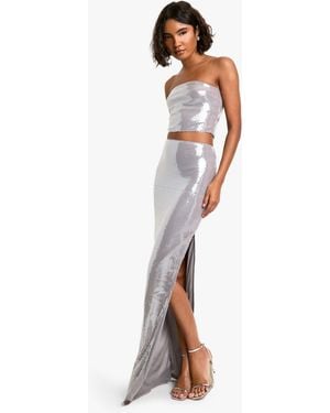 Boohoo Tall Sequin Bandeau And Maxi Skirt Co-Ord - White