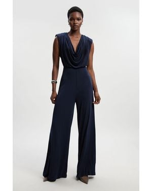 Karen Millen Jersey Crepe Cowl Neck Wide Leg Jumpsuit - Blue