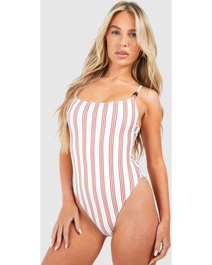 Boohoo Stripe Print Strap Detail Swimsuit - Pink