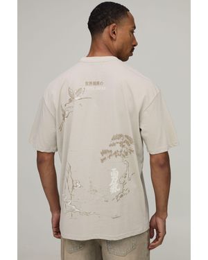 BoohooMAN Stone Oversized Multi Placement Print T-Shirt - Natural