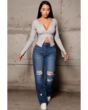 Femme Luxe Wash High Waisted Wide Leg Ripped Knee Distressed Denim Jeans - Blue