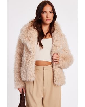 Quiz Faux Fur Glitter Cropped Jacket - Natural