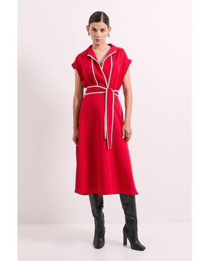 PRINCIPLES Contrast Tie Waist Midi Dress - Red