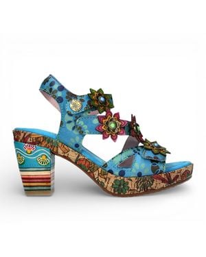 Laura Vita Nellao 33 Floral Leather Wedge Heel Espadrille Sandals - Blue