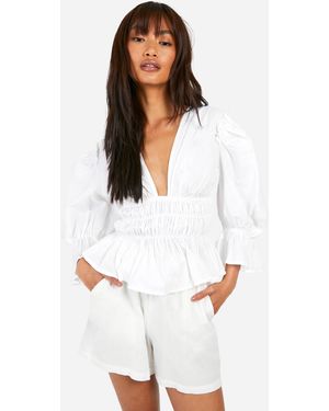 Boohoo Volume Sleeve Tie Back Cotton Poplin Top - White