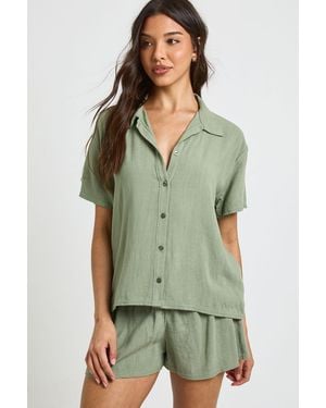Boohoo Linen Look Beach Short Sleeve Shirt - Green