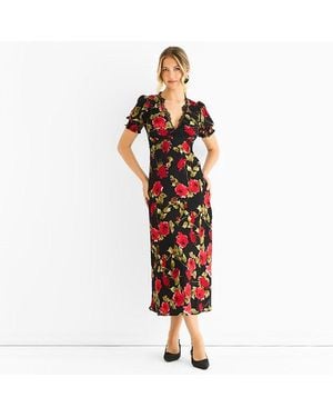 Gini London Floral Lace Trim Detail Midi Dress - Red