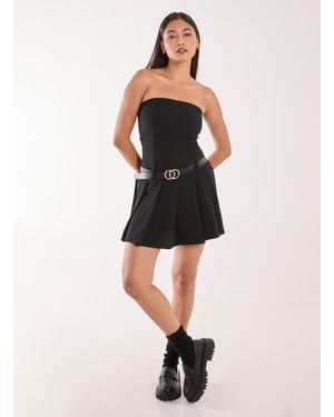 Pink Vanilla Dogtooth Belt Pleat Dress - Black