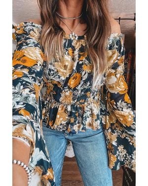 Azura Exchange Floral Offshoulder Long Sleeve Top - Blue